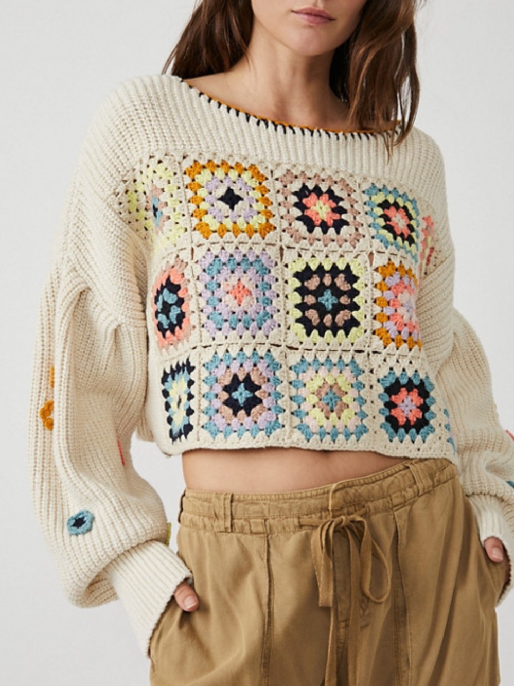 Free People Sz XS Sweater Dahlia Cropped Cream Crochet Patchwork Fall Boho Retro